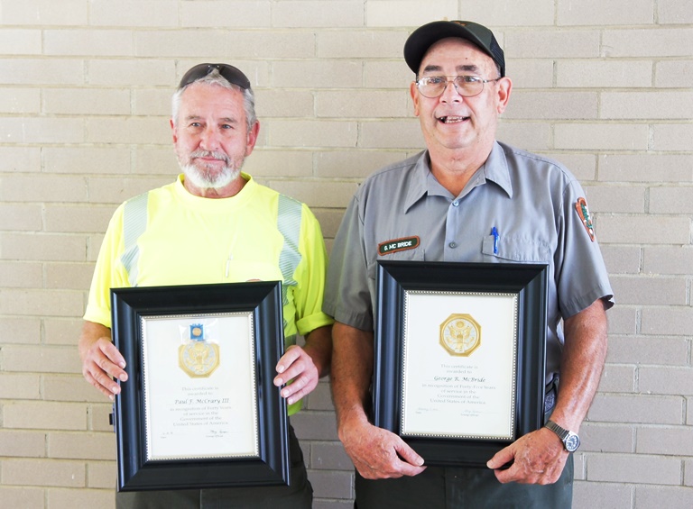 Forrest McCrary - 40 Years Service (on left), George McBride - 45 years (on right)