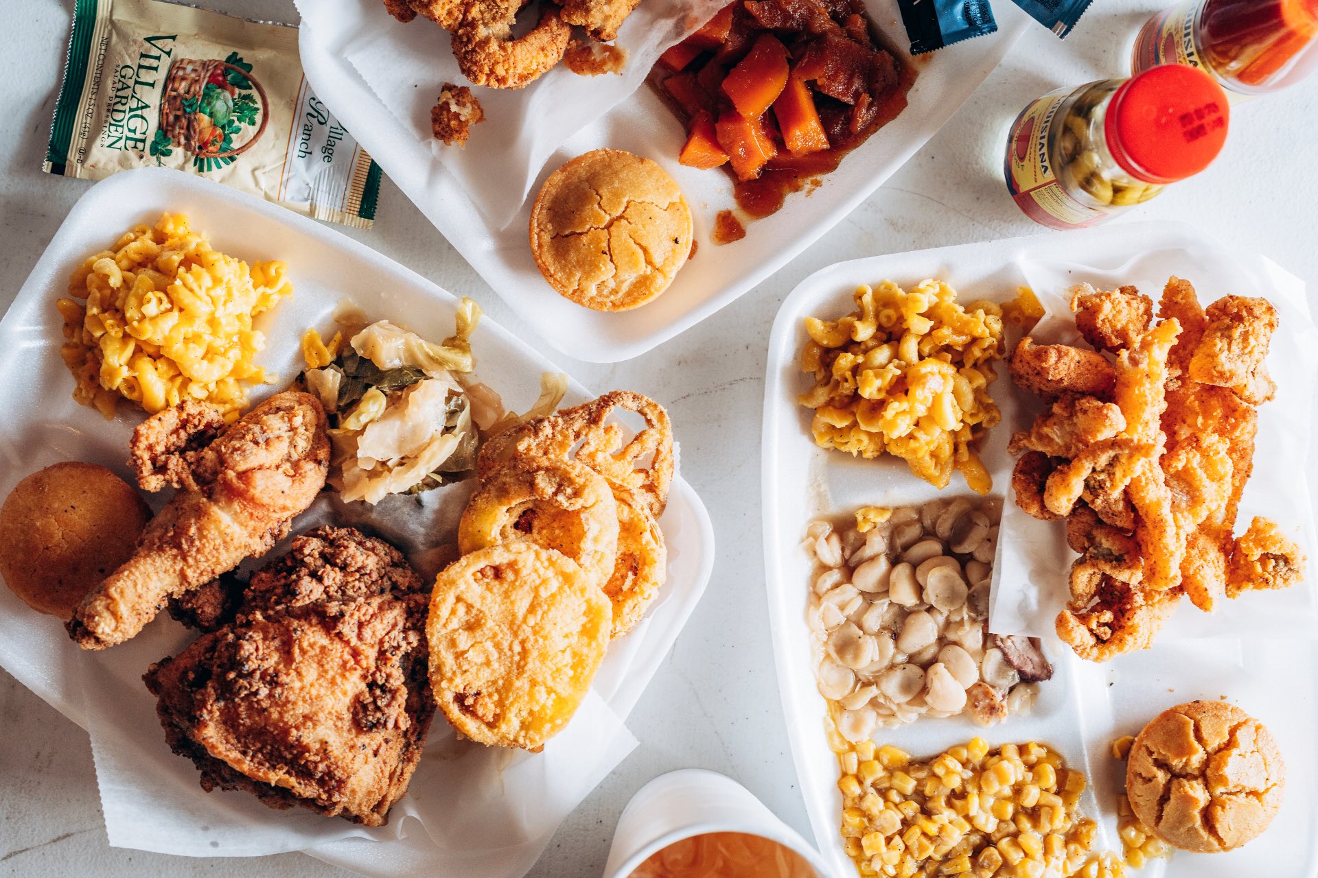 A variety of southern foods spread out on a table