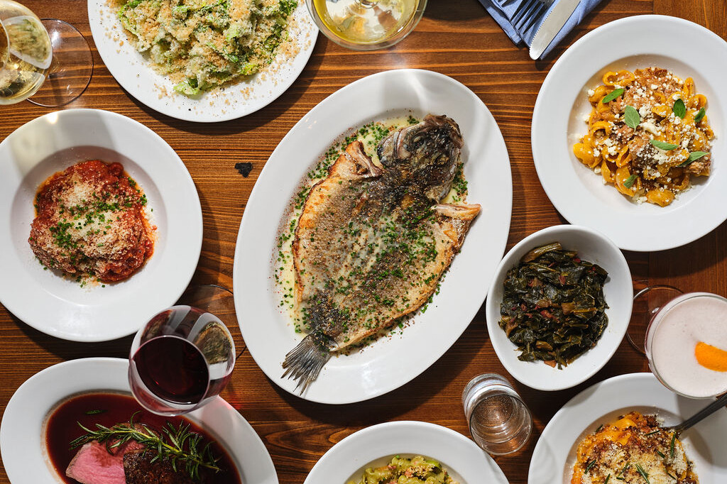 Plate full of food, fish at the center